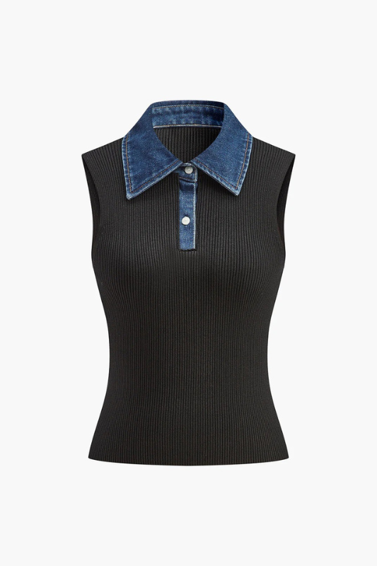 NOIR | RIBBED KNIT TOP X DENIM COLLAR