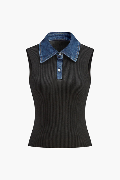 NOIR | RIBBED KNIT TOP X DENIM COLLAR