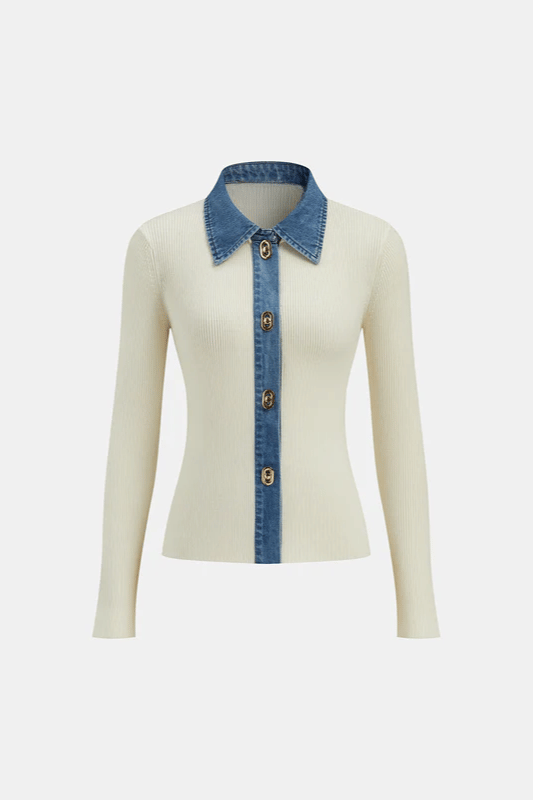 ISLA | FITTED KNIT CARDIGAN X DENIM COLLAR