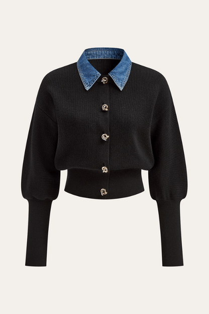 ARLETTE | BLACK KNIT CARDIGAN X DENIM COLLAR