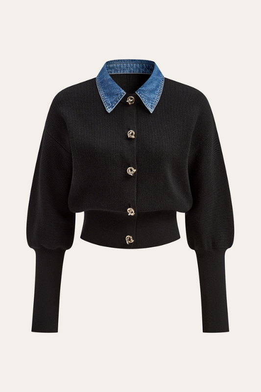ARLETTE | BLACK KNIT CARDIGAN X DENIM COLLAR