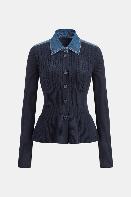 RENÉE | CABLE KNIT CARDIGAN X DENIM COLLAR