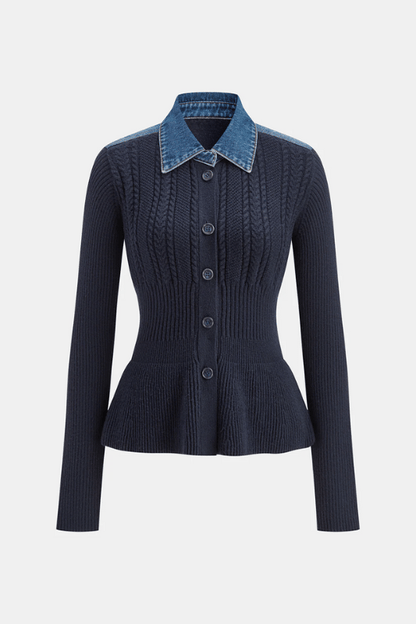 RENÉE | CABLE KNIT CARDIGAN X DENIM COLLAR