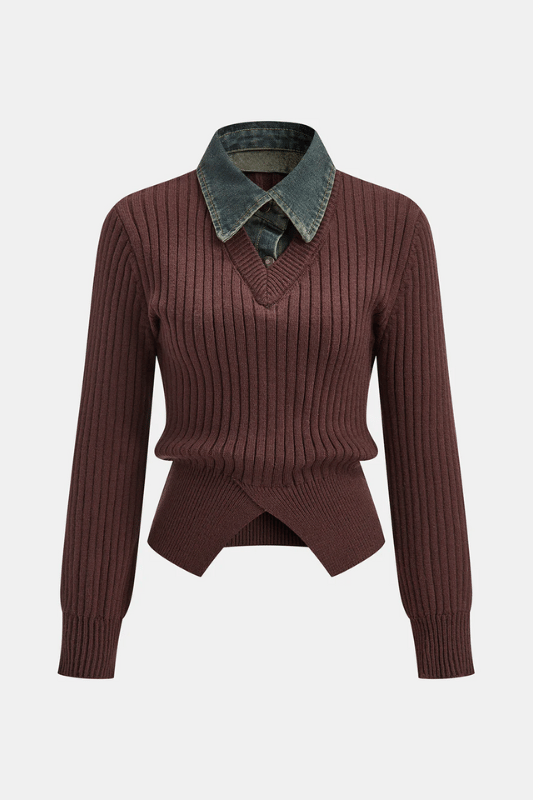 LOREN | RIBBED KNIT SWEATER X DENIM COLLAR