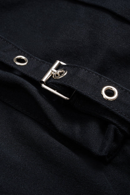 Denim Patchwork Ring Pocket Asymmetrical Washed Jeans BLACK