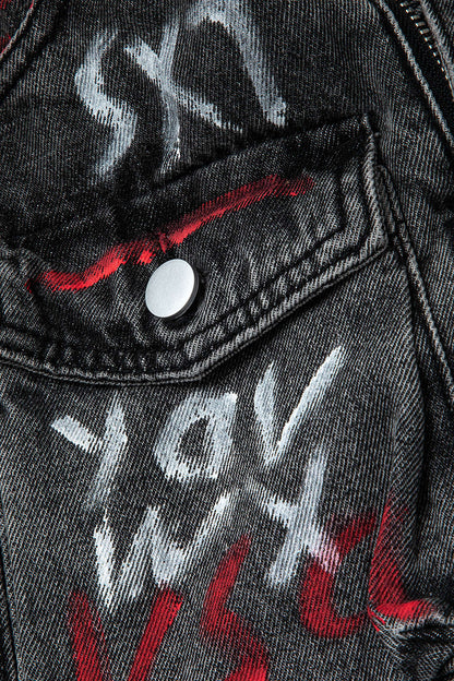 Graffiti Flap Pocket Denim Mini Skirt DIM GRAY