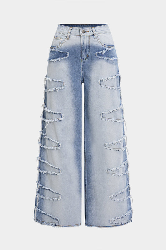 Denim Zipper Frayed Wide Leg Jeans LIGHT WASH BLUE