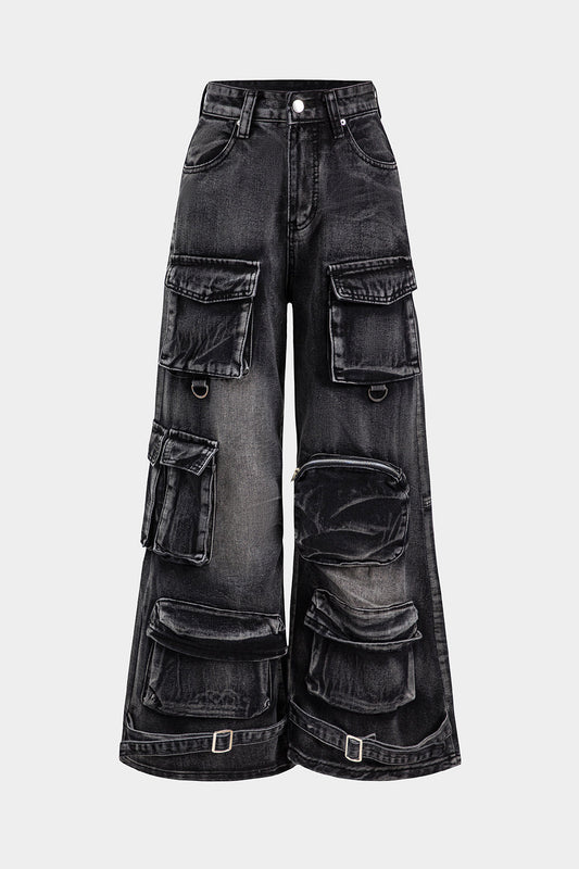 Denim Button Pocket Zipper Wide Leg Jeans BLACK