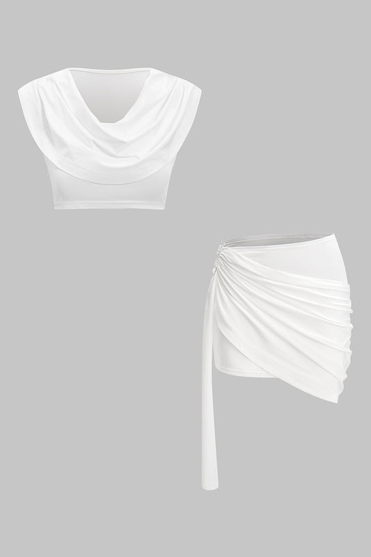 Cowl Neck Tank Top And Ruched Skirt Set WHITE