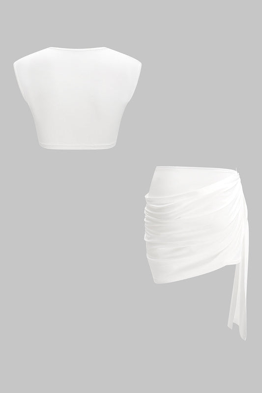 Cowl Neck Tank Top And Ruched Skirt Set WHITE