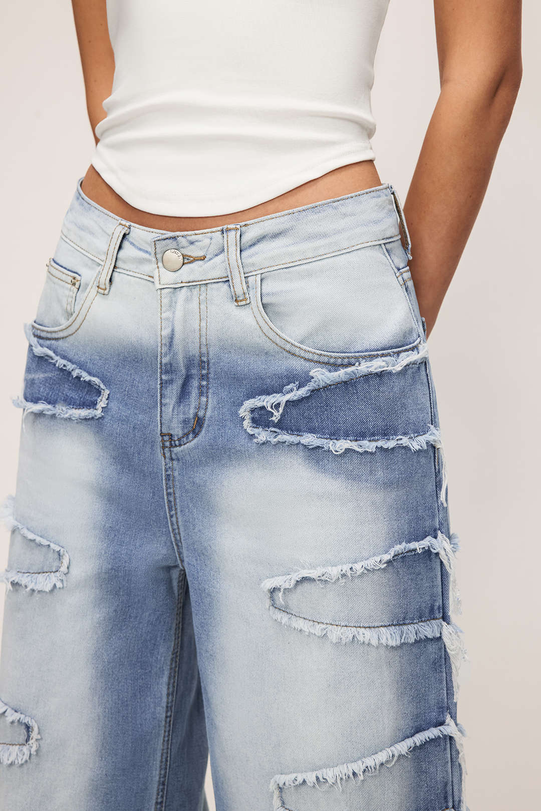 Denim Zipper Frayed Wide Leg Jeans LIGHT WASH BLUE