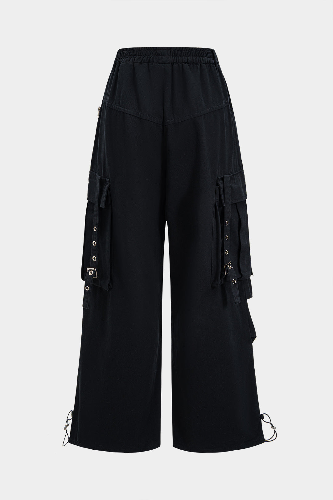 Denim Patchwork Ring Pocket Asymmetrical Washed Jeans BLACK