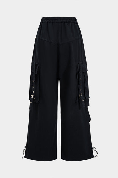 Denim Patchwork Ring Pocket Asymmetrical Washed Jeans BLACK