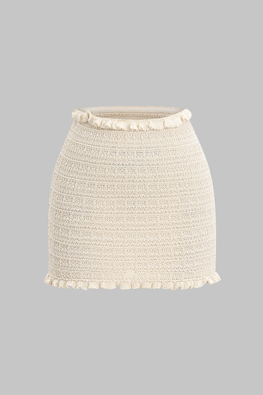 Knit Ribbed Ruffle Mini Skirt BEIGE