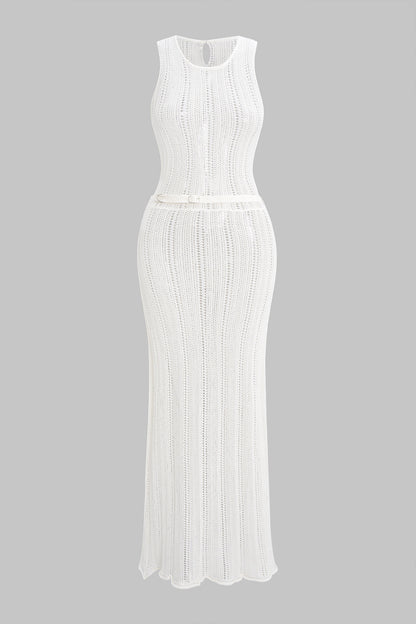 ELENA | CROCHET BELTED MAXI DRESS WHITE