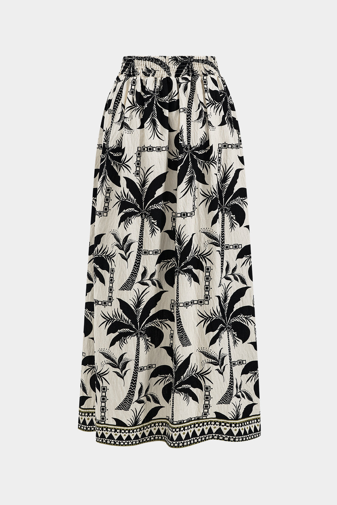 Coconut Palm Geometric Print Shirred Waistband Skirt BEIGE