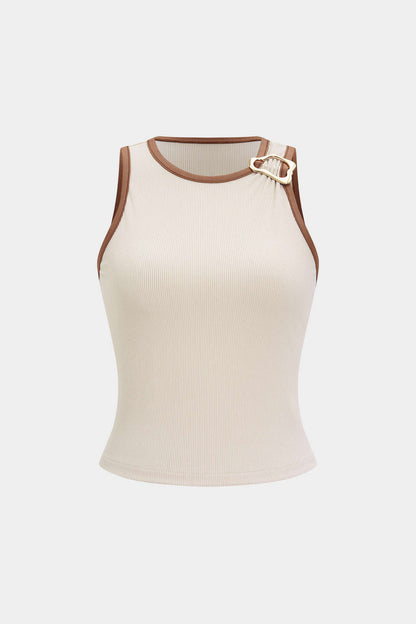 SIENA | BUCKLE DETAIL RIBBED TANK BEIGE