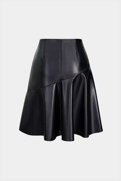 Faux Leather Ruffle High Waist Skirt BLACK