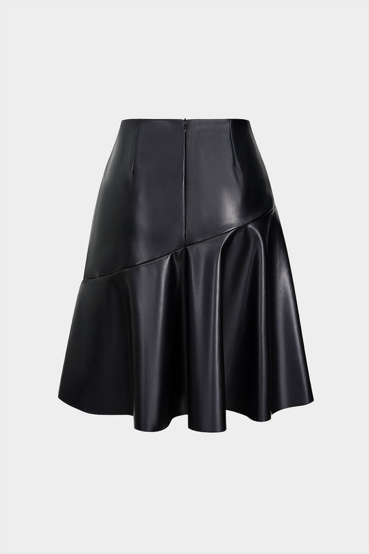 Faux Leather Ruffle High Waist Skirt BLACK