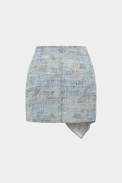 Abstract Pattern Chiffon Zipper Metallic Sea Shell Decor Ruched Skirt BABY BLUE