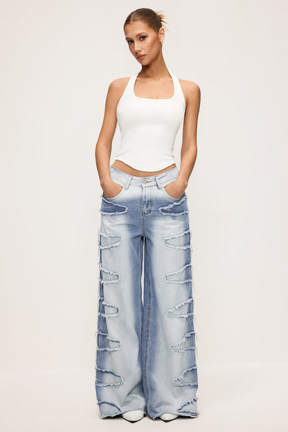 Denim Zipper Frayed Wide Leg Jeans LIGHT WASH BLUE