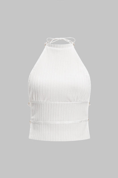 Backless Pearl Chain Halter Neck Sleeveless Tank Top And Skirt Set WHITE