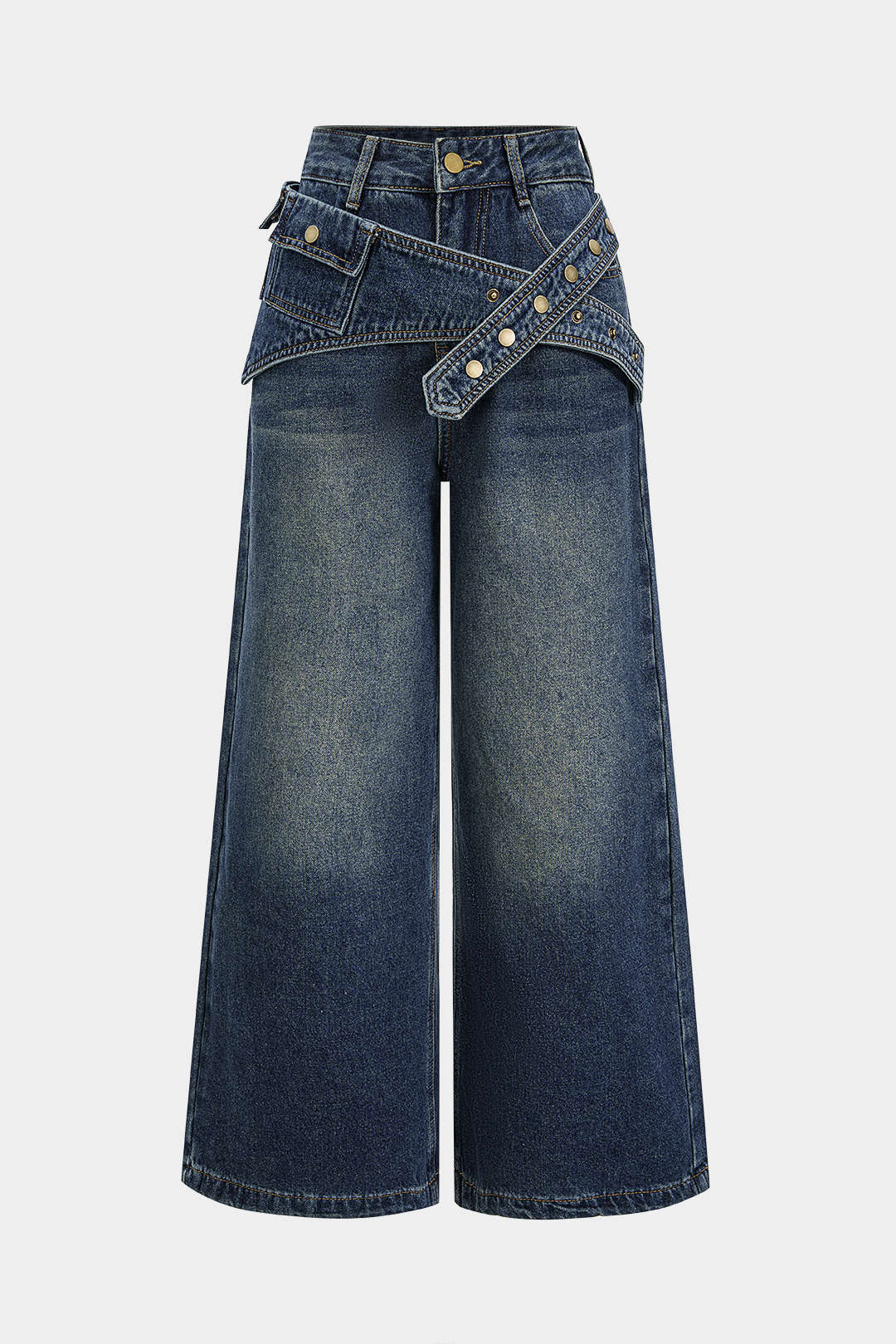 Denim Asymmetrical Wide Leg Jeans DARK WASH BLUE