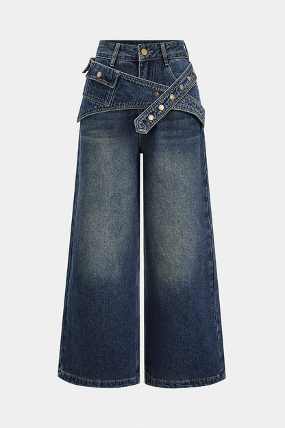 Denim Asymmetrical Wide Leg Jeans DARK WASH BLUE