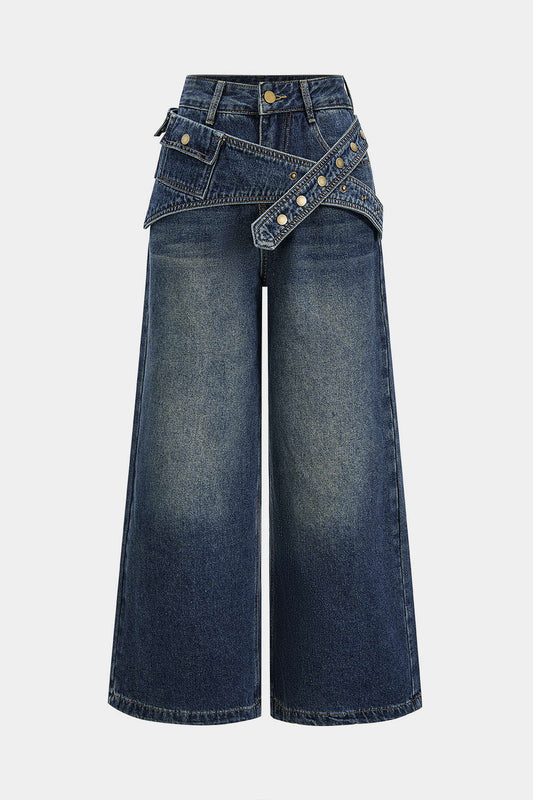 Denim Asymmetrical Wide Leg Jeans DARK WASH BLUE