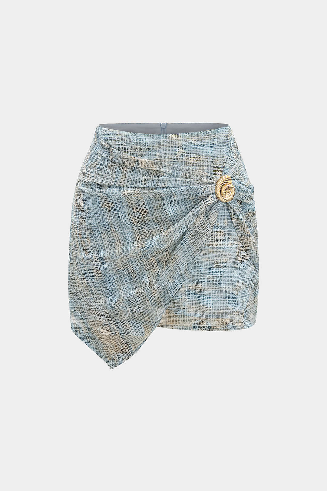 Abstract Pattern Chiffon Zipper Metallic Sea Shell Decor Ruched Skirt BABY BLUE