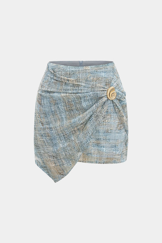 Abstract Pattern Chiffon Zipper Metallic Sea Shell Decor Ruched Skirt BABY BLUE